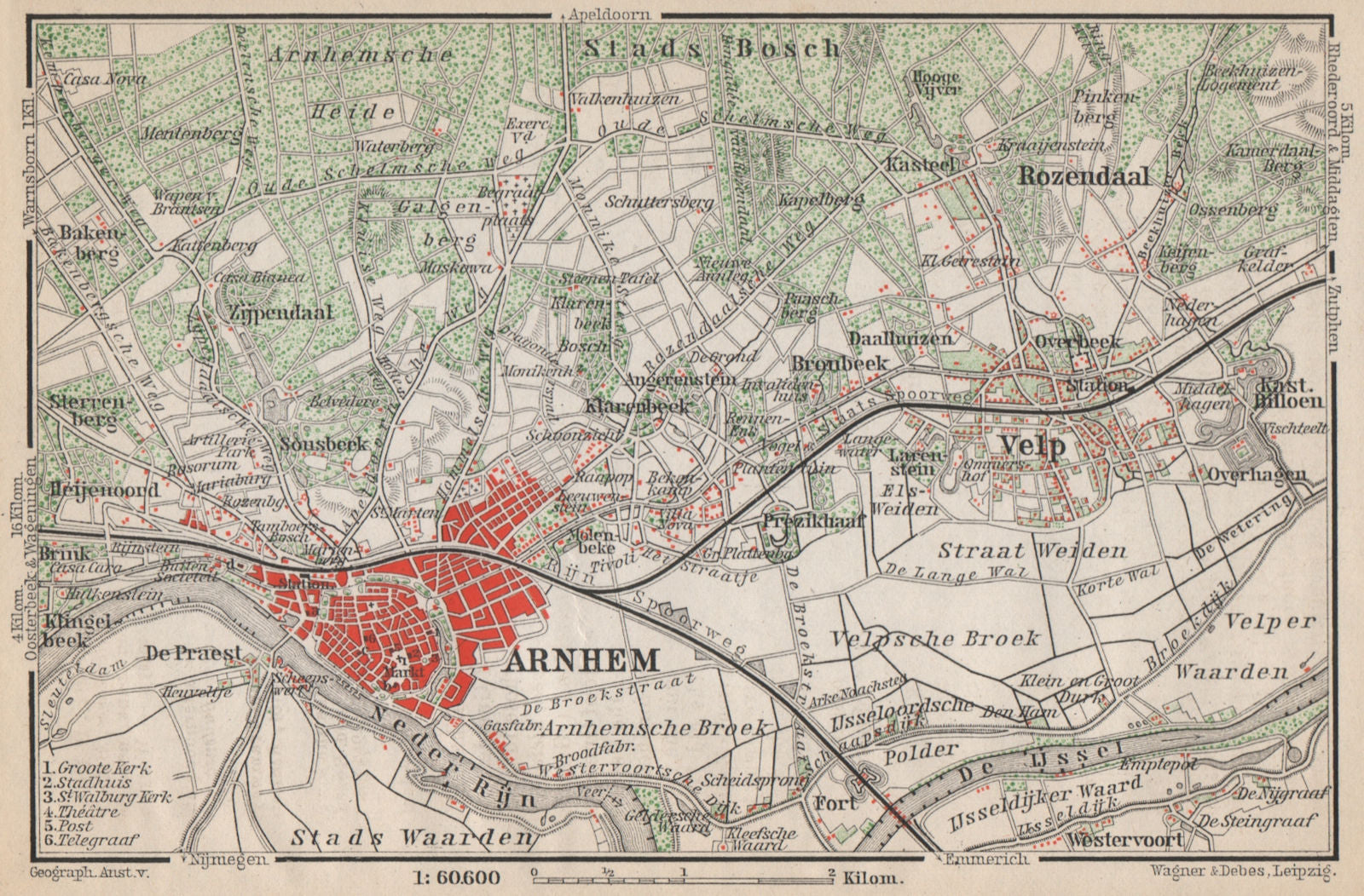 ARNHEM ENVIRONS. Velp. Netherlands kaart. BAEDEKER 1897 old antique map chart